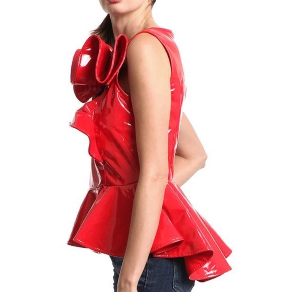 🫦 Gracia Sleeveless Faux Patent Leather Peplum Top, US M - Picture 3 of 7